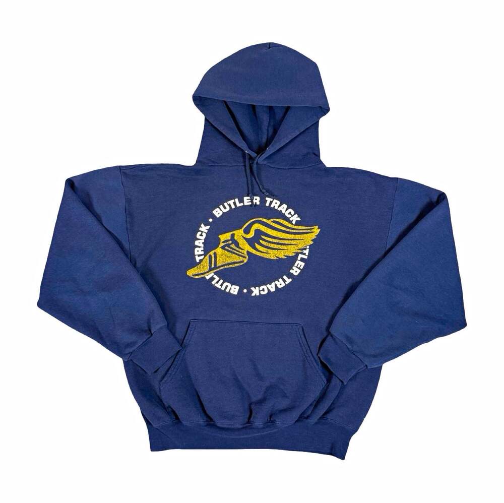 Vintage Faded Men’s Blue Pullover Fleece Hoodie Athletic Graphic Pockets Size M